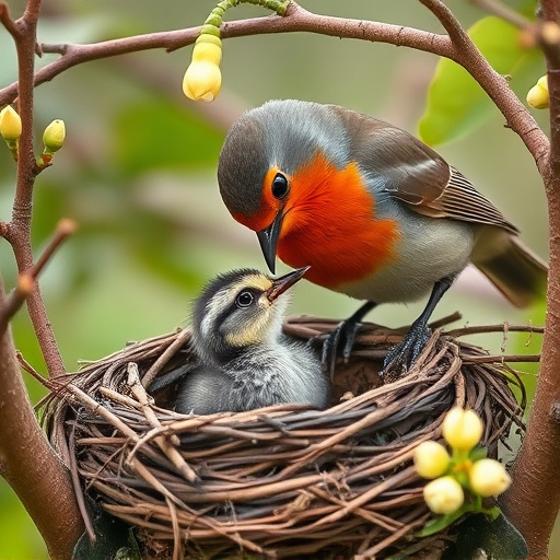 Robin feeding chick in spring nest