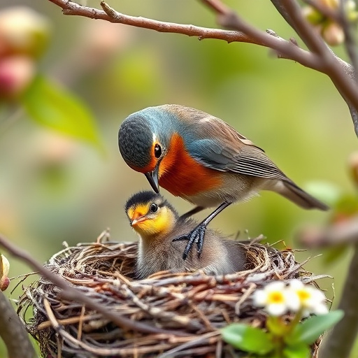 Robin feeding chick in spring nest