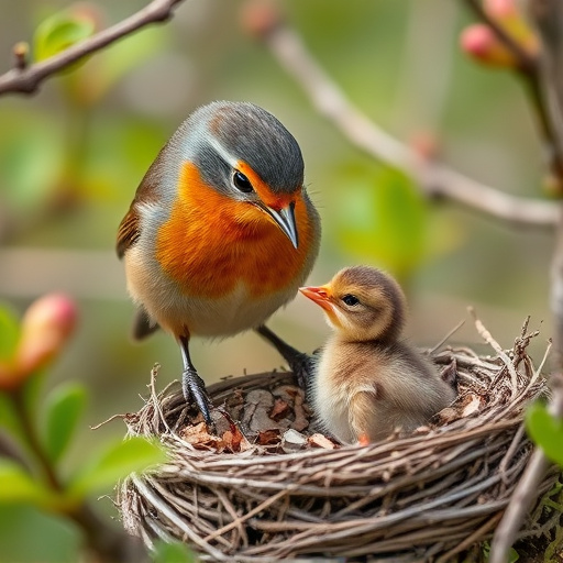 Robin feeding chick in spring nest