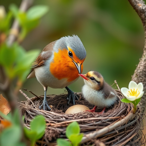 Robin feeding chick in spring nest