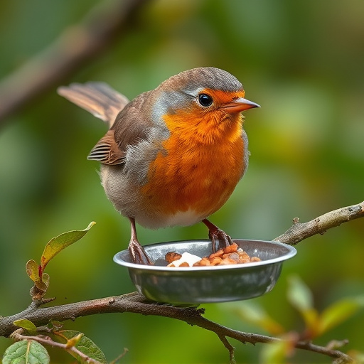 Robin feeding from low dish of suet