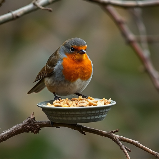 Robin feeding from low dish of suet