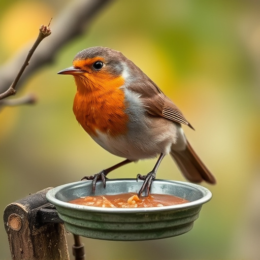 Robin feeding from low dish of suet