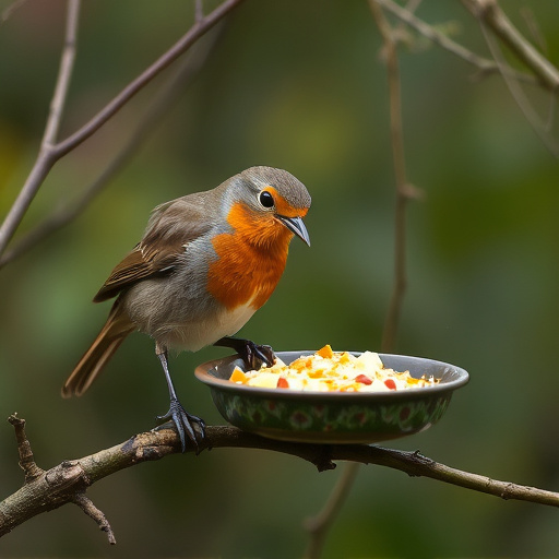 Robin feeding from low dish of suet