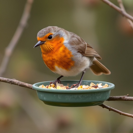 Robin feeding from low dish of suet