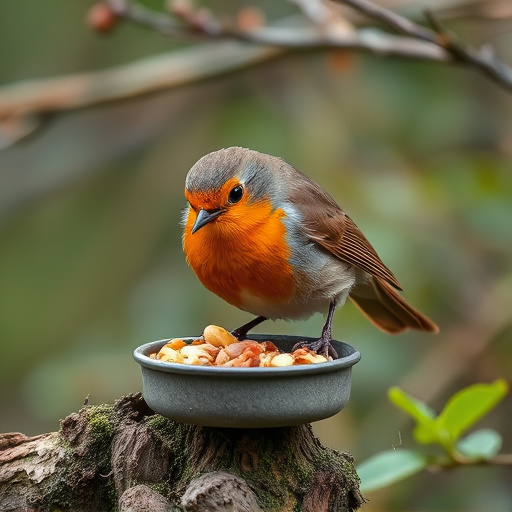 Robin feeding from low dish of suet