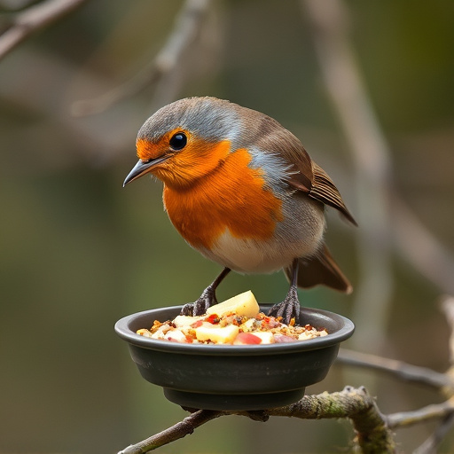Robin feeding from low dish of suet