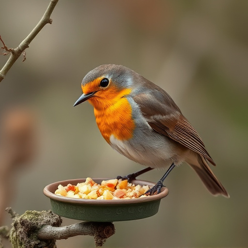 Robin feeding from low dish of suet