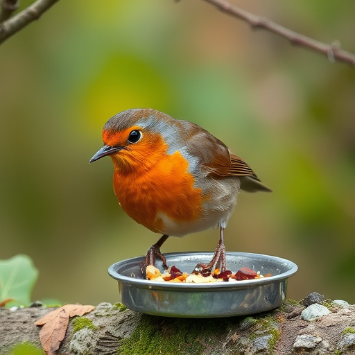 Robin feeding from low dish of suet