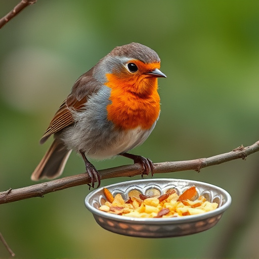 Robin feeding from low dish of suet