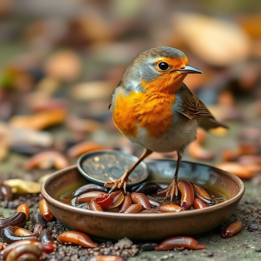 Robin feeding on mealworms in dish