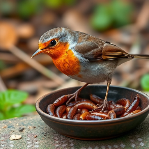 Robin feeding on mealworms in dish