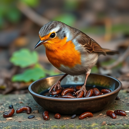 Robin feeding on mealworms in dish