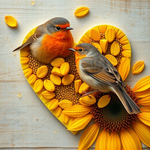 Robin feeding on sunflower heart pieces