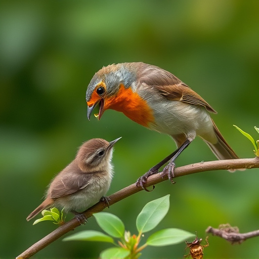 Robin feeding young with insects