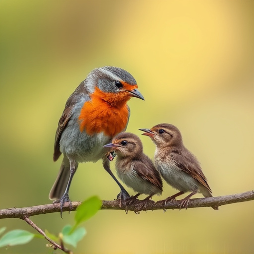 Robin feeding young with insects