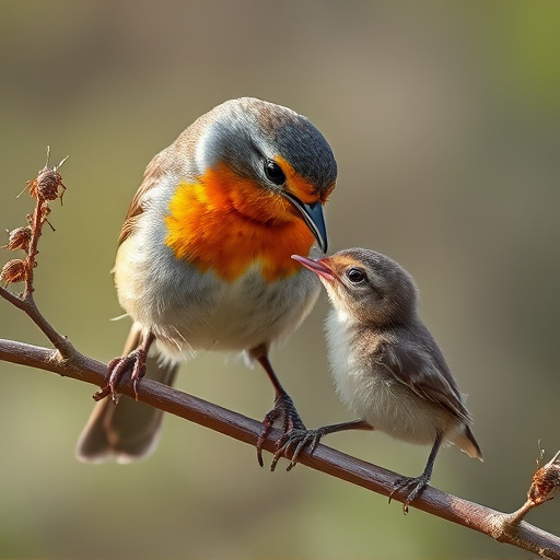 Robin feeding young with insects