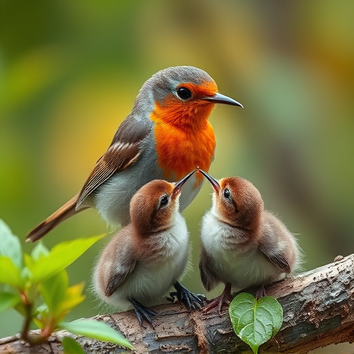 Robin feeding young with insects