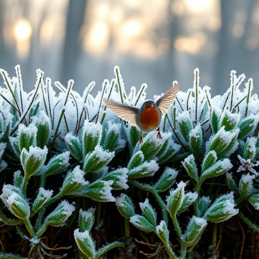 Robin flying across frosty winter hedge