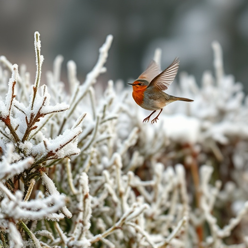 Robin flying across frosty winter hedge