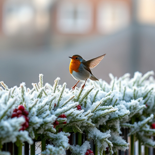 Robin flying across frosty winter hedge
