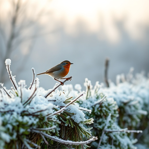 Robin flying across frosty winter hedge