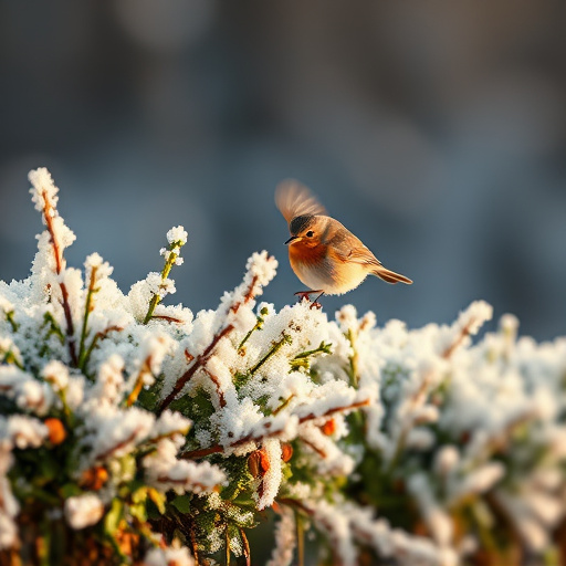 Robin flying across frosty winter hedge