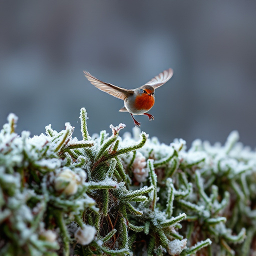 Robin flying across frosty winter hedge
