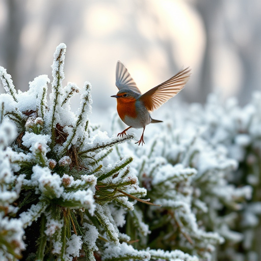 Robin flying across frosty winter hedge