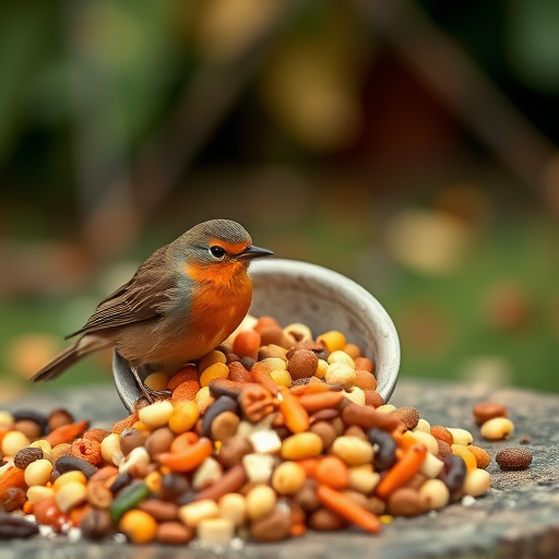 Robin-friendly bird food mix spilling bowl