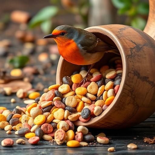 Robin-friendly bird food mix spilling bowl