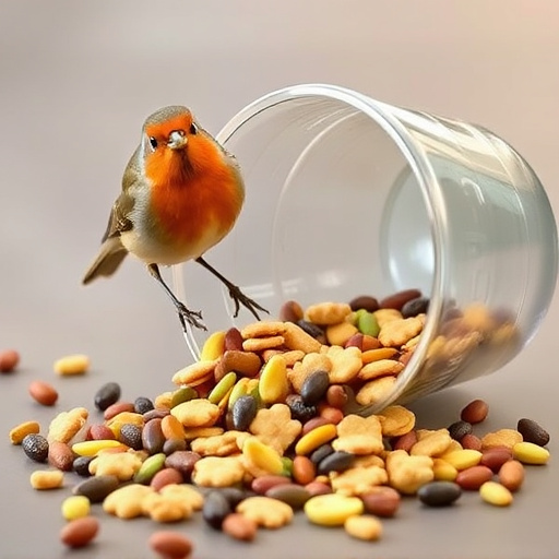 Robin-friendly bird food mix spilling bowl