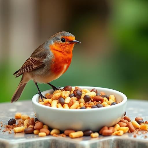 Robin-friendly bird food mix spilling bowl