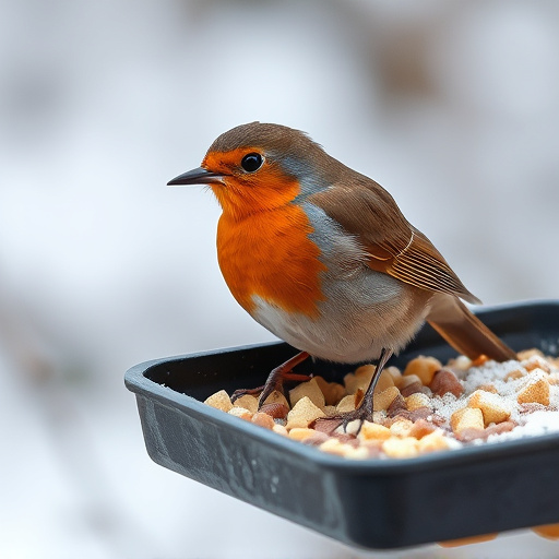 Robin near tray of suet pellets