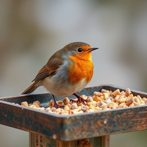 Robin near tray of suet pellets