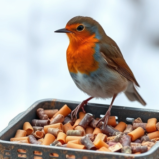 Robin near tray of suet pellets