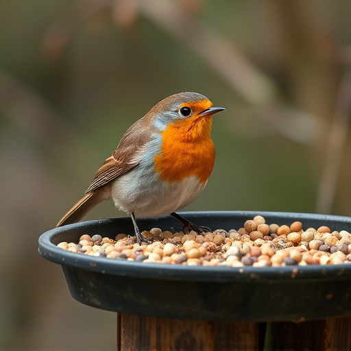 Robin near tray of suet pellets