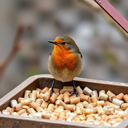 Robin near tray of suet pellets