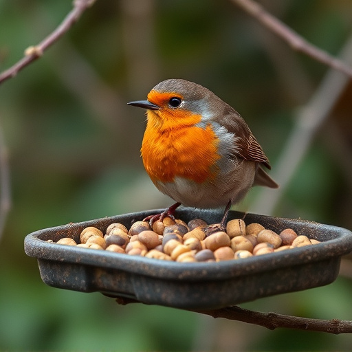 Robin near tray of suet pellets