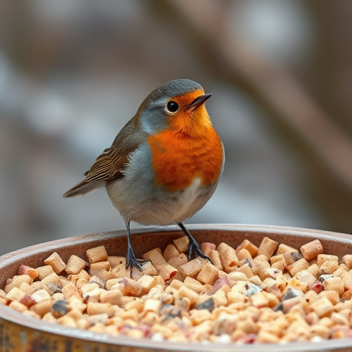 Robin near tray of suet pellets