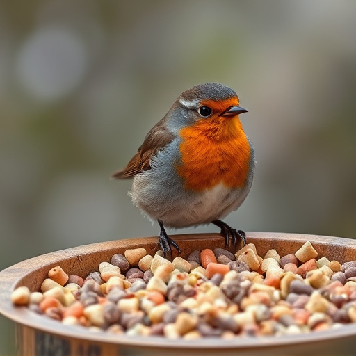 Robin near tray of suet pellets