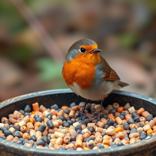 Robin near tray of suet pellets
