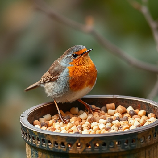 Robin near tray of suet pellets