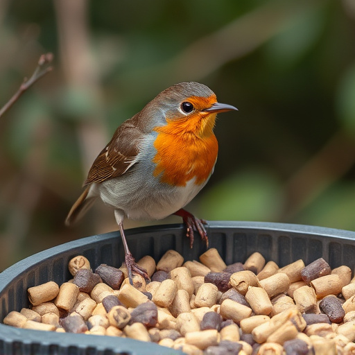 Robin near tray of suet pellets