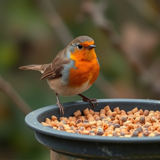 Robin near tray of suet pellets