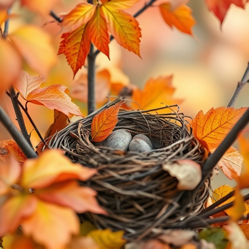 Robin nest hidden in autumn leaves
