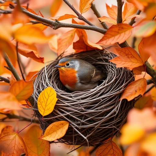 Robin nest hidden in autumn leaves