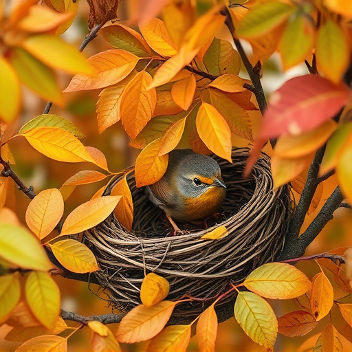 Robin nest hidden in autumn leaves