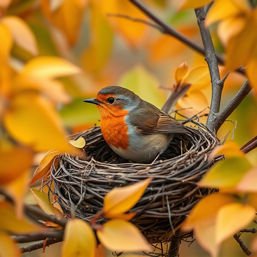 Robin nest hidden in autumn leaves