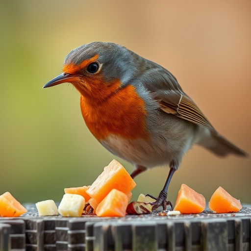 Robin nibbling on chopped fruit pieces